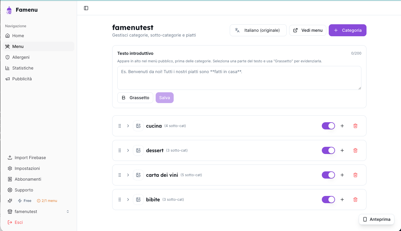 FaMenu dashboard for managing the digital menu