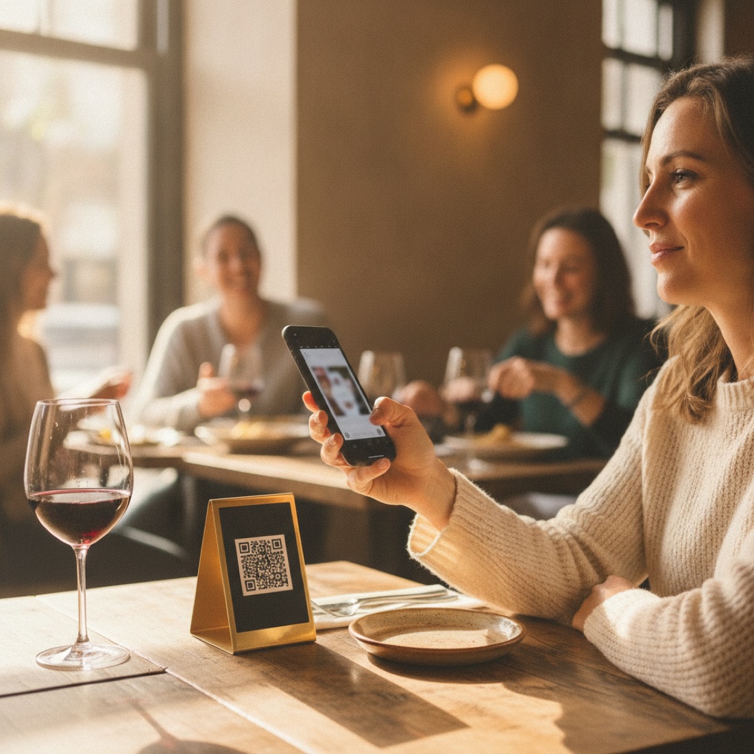 Guest scanning the QR code menu at a restaurant table